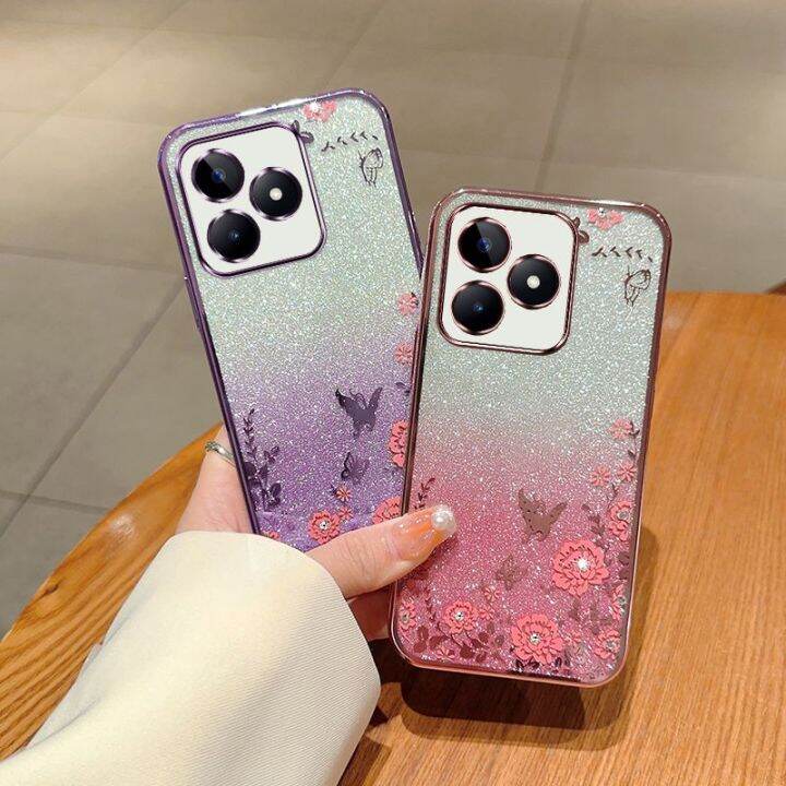 เคสกลิตเตอร์สำหรับ-realme-c53-c55-c33-c35-4g-nfc-realmec53-2022ซิลิโคน-tpu-ยืดหยุ่นฝาหลังอ่อนนุ่มเคสกันกระแทกมือถือแวววาวปกป้องดอกไม้ไล่ระดับสี