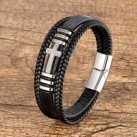 Classic Jesus Cross Charm Cubic Zirconia Men Bracelet Black Woven Leather Rope Chain Bracelets For Women Stainless Steel Jewelry Charms and Charm Brac