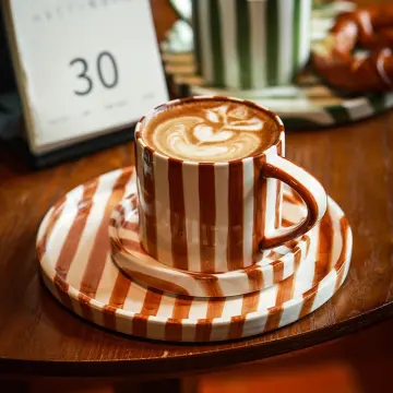 Coffee Cup & Saucer Spoon Set Retro Vertical Stripes Ceramic Coffee Mug for  Cappuccino Latte Coffee