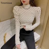 ☬✚ 2022 New Puff Sleeve Dot T Shirt Turtleneck All match Tshirts Female Korean Camisetas Mujer