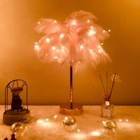 LED Feather Light Table Lamp USBAA Battery Powered DIY Creative Warm Light Tree Feather Lampshade Home Bedroom Bedside Decor