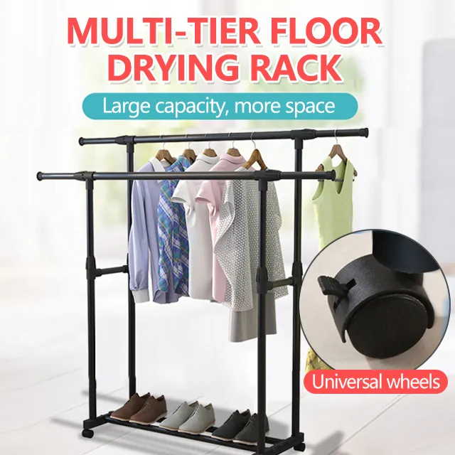 Floor Double Rods Telescopic Lifting Moveable Clothes Drying Rack