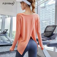 F.DYRAA Women Sports Yoga Shirts Long Sleeve Breathable Quick Dry Loose Workout Tops Fitness Gym Split Back Sports T shirts