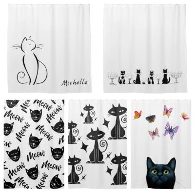 ☸✒ Meow Meow Minimalist Modern Black and White Cat Shower Curtain Bathroom Curtain Hook Bathroom Curtain Home Decor Curtain l220cm