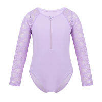 Kids Girls Floral Lace Long Sleeves Round Neck Zip-Front Closure Ballet Dance Gymnastics Leotard Jumpsuit Dancewear