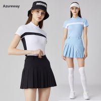 Azureway Summer Breathable Golf T-shirts Lady Stand Collar Tops Women High Waist A-lined Skirt Slim Pleated Pantskirt Sets