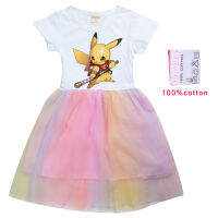 Pokémons Pikachu เสื้อผ้าเด็กลายการ์ตูนผ้าฝ้าย2-9ปีเด็กวัยหัดเดินเจ้าหญิงแขนยาวรุ้งชุดเดรสผ้าฝ้ายสีรุ้ง0000ดาวดวงจันทร์