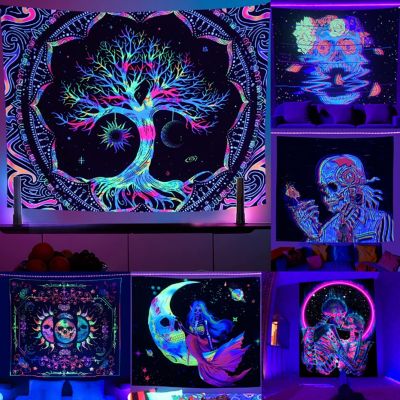 ✐✑▬ Mandela Fluorescent Tapestry UV Luminous Tree of Life Psychedelic Mushroom Skull Tapestry Background Cloth Bedroom Bedside