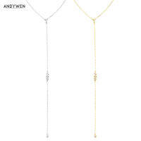 ANDYWEN 925 Sterling Silver Gold Mid long necklace PIRAMIDE Crystal Gold Long 15cm Chain Pendent Choker Luxury Wedding Jewelry