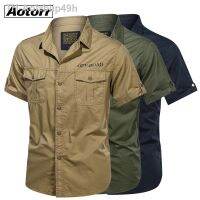 Aolzbiip49h 2023 Mens Cottonเสื้อทหารชุดลำลองแขนสั้นSlimเสื้อทำงานเสื้อชายฤดูร้อนอินเทรนด์กระเป๋าหน้าอก 4XL