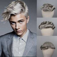 YY Wigs Light Brown Mixed Grey Mens Toupee Brazilian Remy Human Hair Replacement System 8x10 Skin PU Human Hair Toupee for Men ของขวัญ ของขวัญ