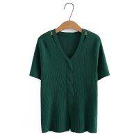 【มีไซส์ใหญ่】Plus Size Womens V-neck Black Green Knitted Summer Shirts Solid Color Ladies Office-wear Tops