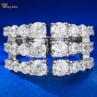 Wong Rain Luxury 100% 925 Sterling Silver Round Cut Lab Sapphire Gemstone Open Ring for Women Wedding Party Jewelry Wholesale