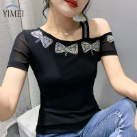 YIMEI เสื้อยืดแขนสั้นผ้าไหมสำหรับผู้หญิงเปิดไหล่,เสื้อผูกโบว์ติดเพชรร้อนแรงสำหรับผู้หญิง2023