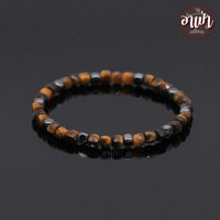 อาเป่า หินไทเกอร์อายส์ ทรงลูกบาศก์ แต่ง แร่เฮมาไทต์ Tiger Eye ขนาด 4 มิล พลอยตาเสือ คตไม้สัก กำไลหินสี กำไลหินนำโชค หินสีน้ำตาล