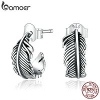 Bamoer 925 Sterling Silver Jewelry Dazzling Light Feather Stud Earrings For Women Girls Gift Statement Jewelry Earring