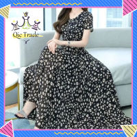 【จัดส่งที่รวดเร็ว✨】Summer Women Beach Long Skirt V-neck Short Sleeves Dress Waist Slimming Floral Printing Dress