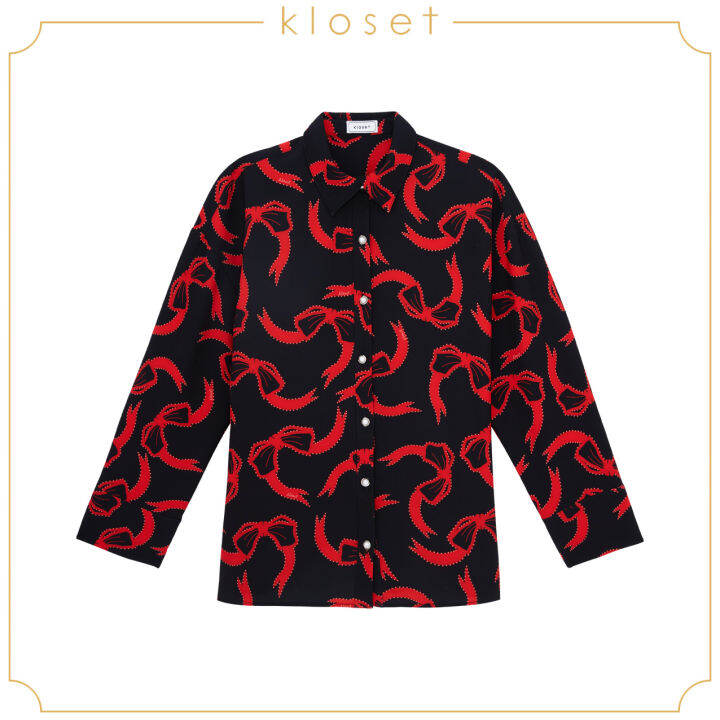 kloset-ribbon-bow-button-up-shirt-vc23-t006-เสื้อผ้าผู้หญิง-เสื้อผ้าแฟชั่น-เสื้อเชิ้ต-เสื้อพิมพ์ลาย