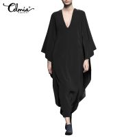 ❇ CELMIA Women Fashion V-Neck Doll Sleeves Solid Color Casual Long Dress