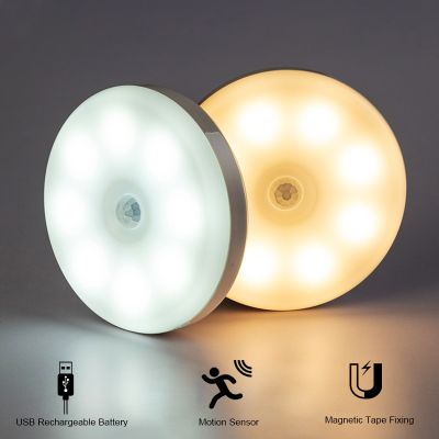 【DT】hot！ USB Rechargeable Round Sensor Night Lights Under Cabinet Closet Lamp Bedroom Decoration