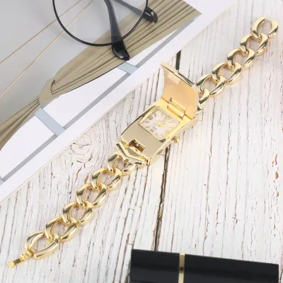 Luxurious Royal Crystal Diamond Silver Gold Square Flap Cover Ladies Bracelet Quartz Watch Golden Wristwatch montre femme