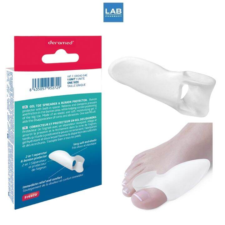 deramed-footcare-gel-toe-spreader-amp-bunion-protector-1pcs-box-เดอราเมด-ปลอกเจลสำหรับนิ้วหัวแม่เท้าเอียงแบบมีส่วนแยกนิ้วเท้า-นุ่ม-ยืดหยุ่นขณะสวมใส่-ไม่อึดอัด-1-ชิ้น-กล่อง