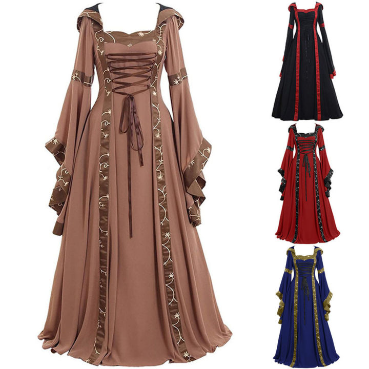 2020-european-and-american-medieval-retro-hooded-dress-square-collar-lace-up-trumpet-sleeve-large-swing-dress