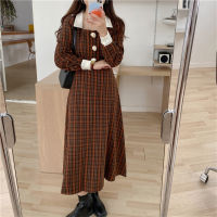 OL Women Long Dress Plaid Close Waist Slim Elegant  New Square Collar Office Lady Autumn Chic Robe Vestidos