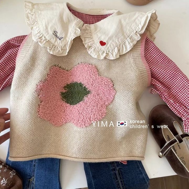 cod-korean-childrens-2023-autumn-new-girls-foreign-style-coat-knitted-vest-solid-flower-sweater