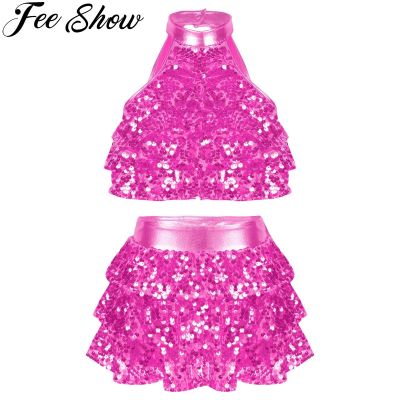 2pcs Kids Modern Jazz Latin Dance Costume Outfit Girls Shiny Sequins Tiered Backless Crop Top with Skirt Dancewear Sets