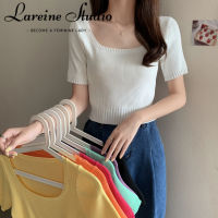 LAREINE เสื้อยืดผู้หญิงเสื้อถักแขนสั้นสีทึบเกาหลี,เสื้อยืดคอเหลี่ยมเข้ารูปพอดีสไตล์เกาหลีลำลอง