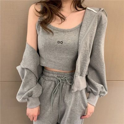 Casual Sports Suits Womens Cardigan Hoodies Loose Trousers And Short Sling Fashion Three-piece Suit Sportswear Sets 2021 Autumn