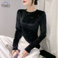 YIMEI เสื้อเบลาส์ผู้หญิงเข้ารูปเอวสไตล์เกาหลีบาง,เสื้อยืดสีดำอัดคอกลมอัดแน่นด้วยเม็ดเพชรเสื้อท่อนบนแขนยาวไม่สม่ำเสมอ