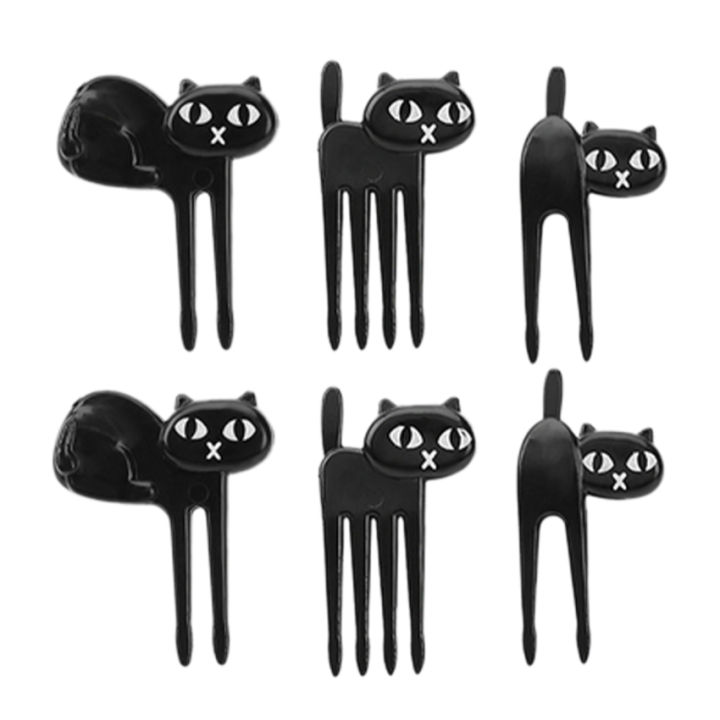 ในสต็อก-6ชิ้นมินิส้อมผลไม้คัดสรรสัตว์การ์ตูนน่ารักแมวส้อมเบนโตะอุปกรณ์ตกแต่งสีดำ
