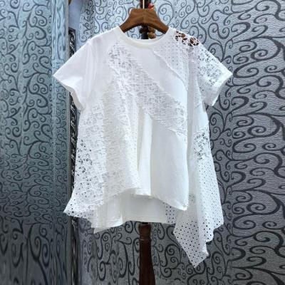 Irregular Embroidery Hollow Out Stitching Lace T-shirt Women Clothing Summer Fashion Round Neck Short Sleeve Tshirt Loose Tops