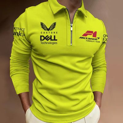 เสื้อโปโลสำหรับผู้ชายชุดทางการสำหรับ F1แขนยาวเสื้อโปโลผู้ชายสีส้มเหลือง1 McLaren เสื้อยืดเสื้อยืดระบายอากาศสำหรับแข่งกลางแจ้ง