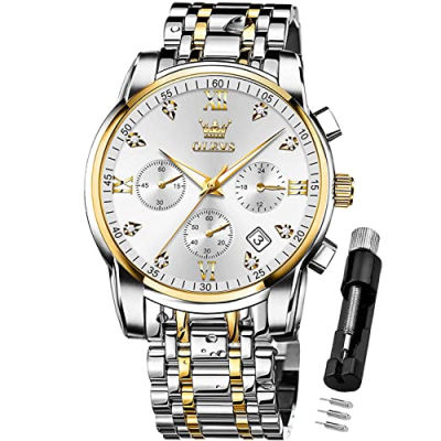 OLEVS Mens Watches Chronograph Business Dress Quartz Stainless Steel Waterproof Luminous Date Wrist Watch two tone silver