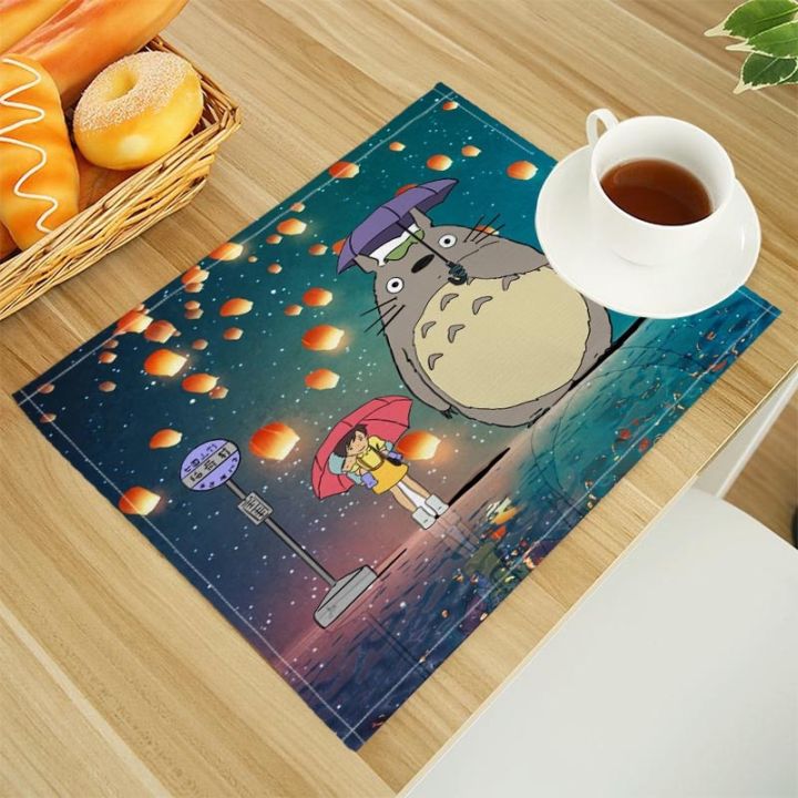 totoro-เสื่อโต๊ะทานอาหารผ้าลินินพิมพ์ลายแผ่นรองในครัวตัวอักษร30x40cm-จานรองแก้วแผ่นรองแก้วชาม