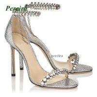 COD สินค้าแฟชั่นPereira Black Crystal Summer Women Sandals Open Teo Rhinestone Thin Heel Sandals Ankle Strap Cover Hee