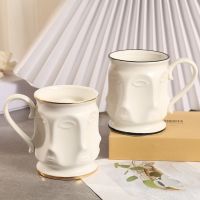 【High-end cups】สร้างสรรค์3D ใบหน้าแก้วกาแฟเซรามิกถ้วยชาถ้วยน้ำในทองสีดำขอบพอร์ซเลนสีขาวแก้วครัวสำนักงานตกแต่ง Drinkware