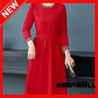 NEW MALL Middle-Aged WomenS Dress 2021 Mother Spring And Autumn Dress Mid-Length Bottoming Shirt Skirt Round Neck Long-Sleeved WomenS Skirt