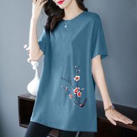 9color Pure Cotton Women T Shirts Plus Size Tops Short Sleeve Round Neck Casual Pocket Floral Print Fashion Tshirt