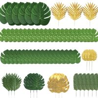 72/100pcs Artificial Tropical Palm Leaves Set Gold Green Turtle Leaf Scattered Tail Leaf Summer Wedding Home Table Decor