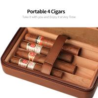 ☽ Cigar Humidor Portable Cedar Wood Cow Leather Travel Humidor Store 4pcs Cigars Humidifier Set Gift Box (Without lighter cutter)