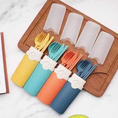 4pcs Cutlery Set Portable Tableware Reusable Spoon Knife Chopsticks Fork Travel Picnic with Carrying Box for Student Office Flatware Sets