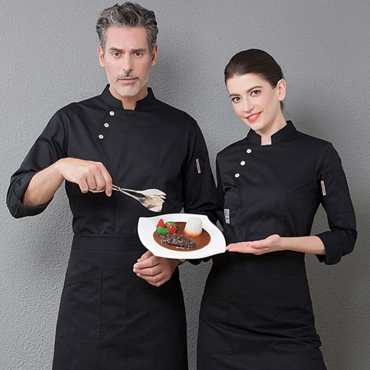 เสื้อผ้าพ่อครัวกระดุมสองแถวเสื้อปรุงอาหารสีดำสำหรับเครื่องแบบร้านอาหารจัดเลี้ยงในครัวแขนยาวสีน้ำเงิน