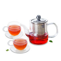 Flower Tea Pot w Stainless Steel Filter &amp; 2PC Teacups &amp; 2PC Glass Saucers