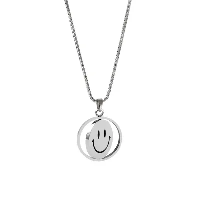 Double sided Smiley Face Titanium Steel Necklace Round Bead Chain Reversible Smiley Face Pendant Unisex Couple Jewelry