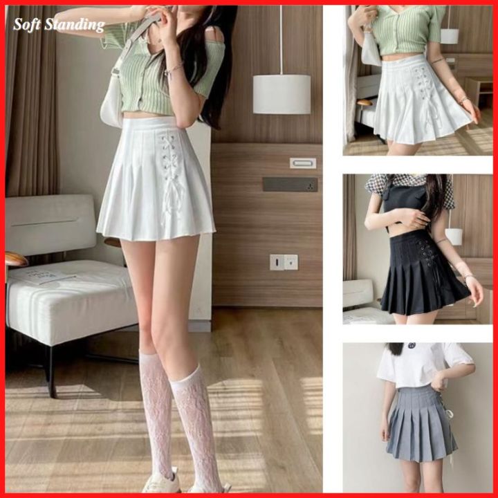 Korean Style High Waist Slim Short Skirt Women Tether Pleated Skirt A ...