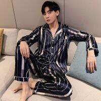 （ใหม่）บุรุษคราบผ้าไหมหน้าอกขนาดใหญ่4XL 5XL แขนยาวชุดนอนบ้าน WearPajama SetsTops Nightgown ชุดนอนชุดชุดนอน